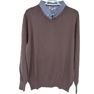 Flying Point Apparel Brown Sweater with Plaid Collared Shirt Combo Large Mens